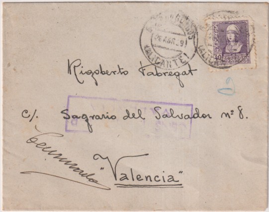 Carta de Gata de Gorgos (Alicante) a Valencia del 26 de Abril de 1939. Con censura Militar de Valencia