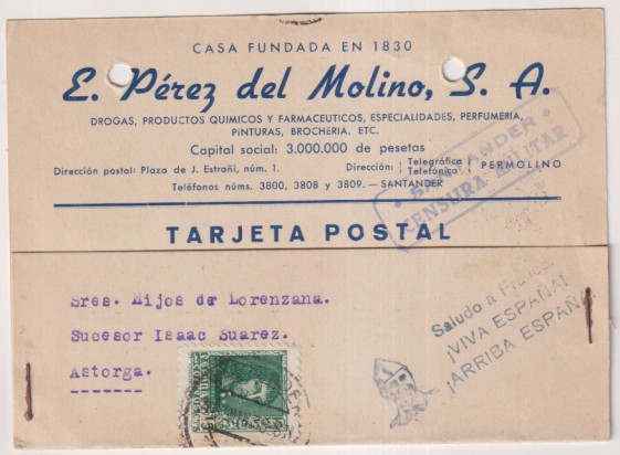 Tarjeta Postal con Membrete de Santander a Astorga del 28 May. 1938 Con Edifil 84ºA