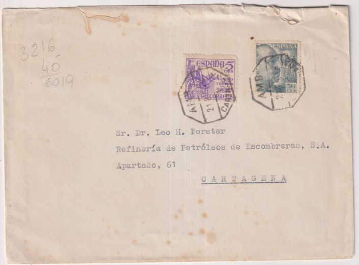 Carta con Membrete, Refinería de Petróleos de Escombreras a Cartagena del 21 Ado 1923