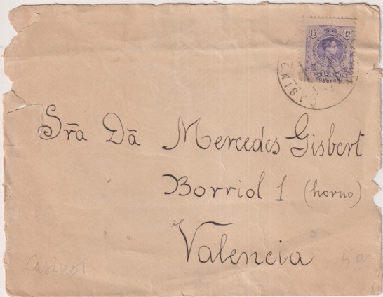 Carta de Casinos a Valencia del 19 Sep. 1912. Franqueado con Edifil 270