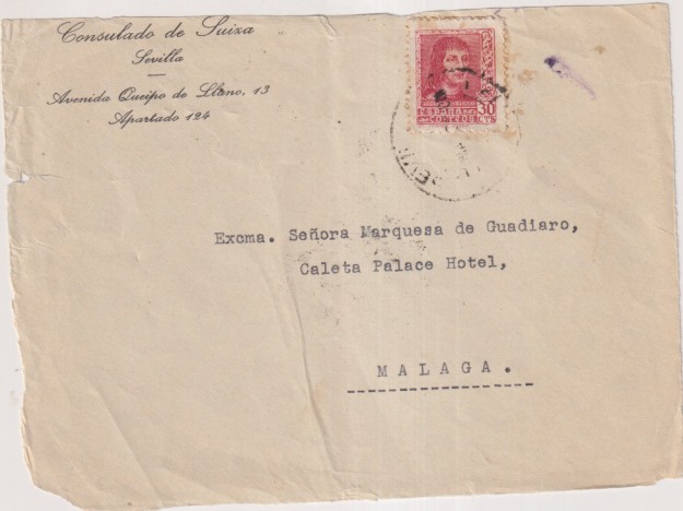 Frontal de Carta Del consulado de Suiza en Sevilla Sra. marquesa de Guadiaro. málaga de may. del 38