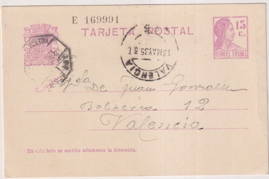 Tarjeta entero Postal nº 69 de 1932. de Teruel a Valencia. Fechado el 13 May. 1935