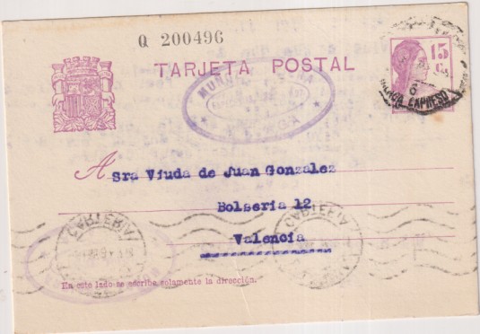 Tarjeta Entero Postal nº 69 de 1932. de Málaga a Valencia del 4 Ene. 1934