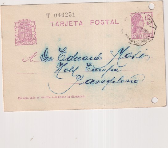 Tarjeta Entero Postal nº 69 de !932. de Pamplona a Hotel Europa (Pamplona) de May. de 1934