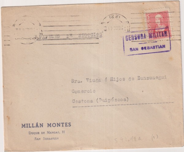 Carta Con Membrete, Millán Montes, San Sebastián a Cestona. Franqueado y fechado el 2 Dic. 38. Con Censura militar de San Sebastián