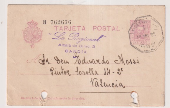 Tarjeta Entero Postal nº 57 de 1925, con Membrete (La Regional) de Gandía a Valencia del 28 de Abr. 1931