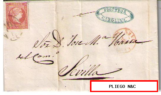 Carta de la Carolina (Jaén) a Sevilla. Franqueada con nº 48, matasellado con parrilla negra. y sobre pliego, fechador tipo I en rojo