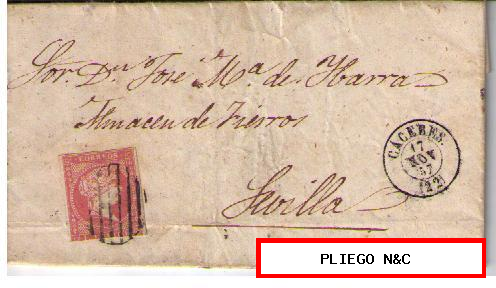 Carta de Cáceres a Sevilla. Franqueada con nº 48 tipo I, matasellado con parrilla en negros/pliego, fechador 1854 tipo II en negro