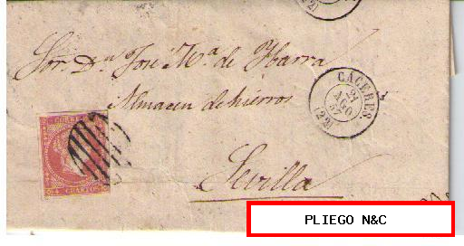 Carta de Cáceres a Sevilla. Franqueada con nº 48, matasellado con parrilla en negro, s/pliego fechador tipo II negro