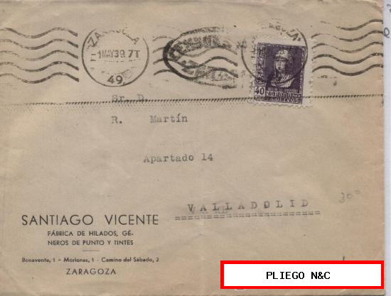 CARTA DE ZARAGOZA A VALLADOLId FRANQUEADA CON EL SELLO Nº 858