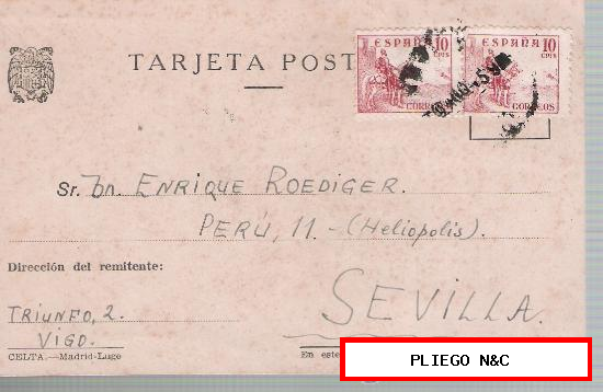 Tarjeta Postal de Vigo a Sevilla. 1945