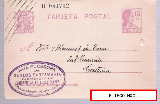 Tarjeta Entero Postal. De Madrid a Castuera. (15 cts.  República) Marzo 1932