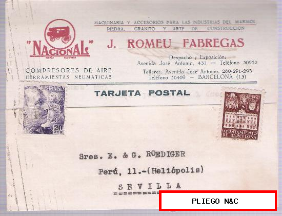 Tarjeta Postal de Barcelona a Sevilla. Mayo 1942