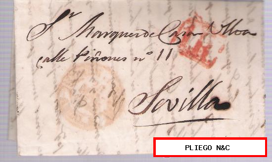 Carta De Palma del Río a Sevilla. Con Baeza 2 de Palma del Río. Mayo-1848 y 1R rojo. La carta va dirigida