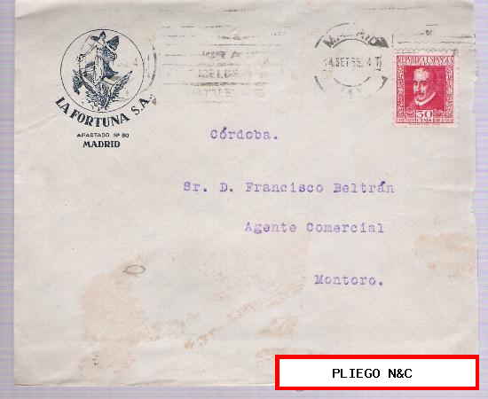 Sobre con Membrete. De Madrid a Montoro. 4-Set-1935. Sobre sello 30 cts. República Española