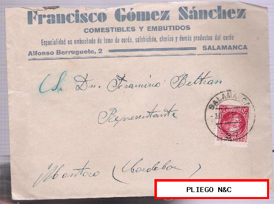 Sobre con Membrete. De Salamanca a Montoro. 30-Oct-1935. Sobre sello 30 cts. de la República