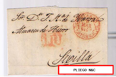 Carta de Cáceres a Sevilla con fechador Baeza 9 R. De Marzo de 1849. con marca de porteo 1R rojo