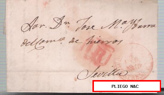 Carta de Alburquerque a Sevilla. De 6 Febr. 1849. con fechador Baeza 3 R. y marca de porteo 1R. Rojo