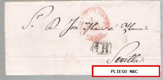 Carta de Sanlúcar de Barrameda a Sevilla. De 4 Dic. 1853. Con fechador Baeza 3 R. y marca de porteo 1R. negro