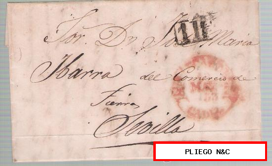 Carta de Sanlúcar de Barrameda a Sevilla. De 17 May. 1853. Con fechador Baeza 3 R. y marca de porteo 1R. negro