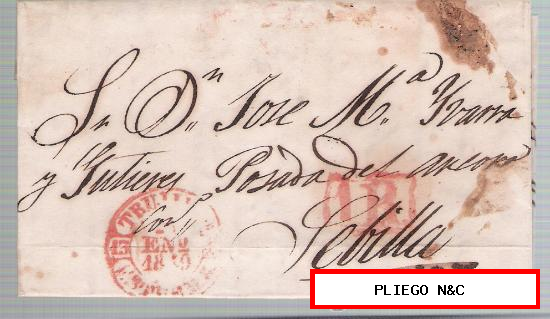 Carta de Trujillo a Sevilla. De 21 Ene. 1849. Con fechador Baeza 5 R. y marca de porteo 1R. rojo