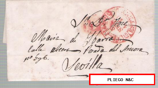 Carta de Trujillo a Sevilla. De 15 Set. 1849. Con fechador Baeza 5 R. Marca de porteo 1R. rojo