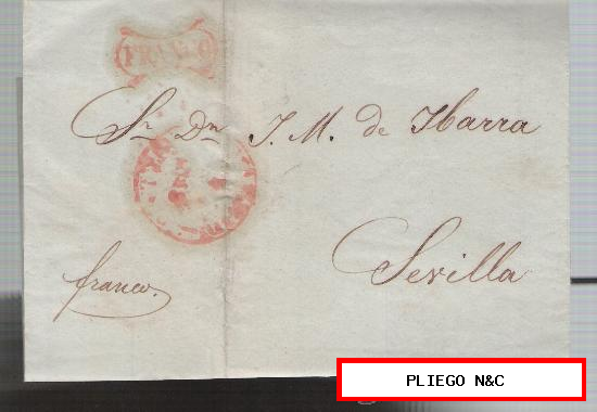 Carta de Madrid a Sevilla. De 6 Mar. 1849. Con fechador Baeza 15 R. (no claro) marca de franquicia