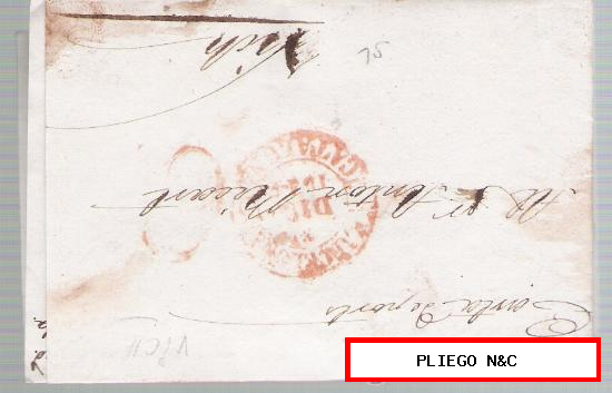 Carta de Barcelona a Vich. De 8 Dic. 1849. Con fechador Baeza 51 R. y marca de porteo 6 rojo