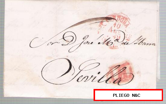 Carta de Córdoba a Sevilla. De 10 Ago. 1849. con fechador Baeza 7 R. y marca de porteo 1R. rojo