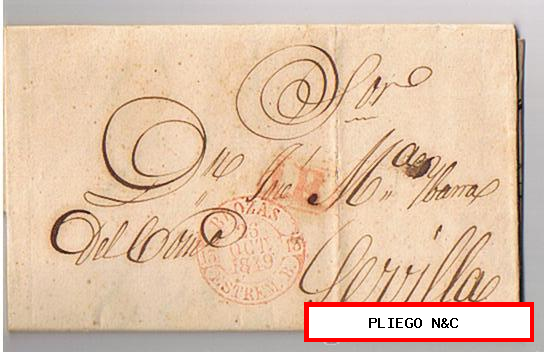 Carta de Brozas a Sevilla. De 26 Oct. 1849. Con fechador Baeza 5 R. marca de porteo 1R. Rojo (bonito)