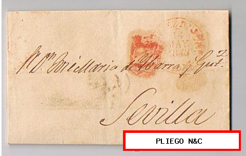 Carta de Jerez de la Frontera a Sevilla. De 14 May. 1849. Con fechador Baeza 4 R. y marca de porteo 1R. rojo