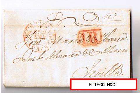 Carta de Morón a Sevilla. De 8 Feb. 1849. Con fechador Baeza 2 R. y marca de porteo 1R. rojo
