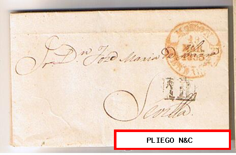 Carta de Morón a Sevilla. De 19 Mar. 1853. con fechador Baeza 2 R. y marca de porteo 1R. Negro