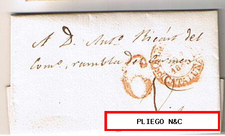 Carta de Barcelona a Vich. De 24 Ene. 1845. Con fechador Baeza 51 R. y marca de porteo 6 rojo