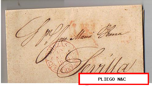 Carta de Brozas a Sevilla. De 10 Ago. 1849. Con fechador Baeza 5 R. y marca de porteo 1R. rojo. Bonito