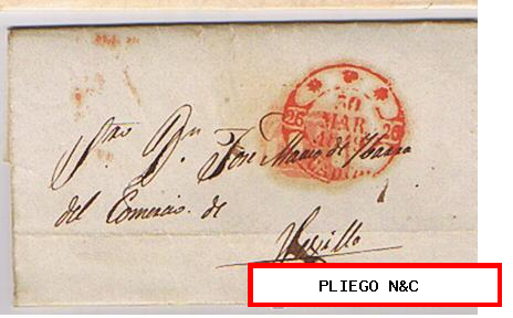 Carta de Carmona a Sevilla. De 30 Mar. 1849. con fechador Baeza 3 R. y perjudicado con marca de porteo 1R. rojo. Bonito
