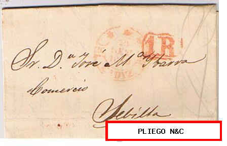 Carta de Cádiz a Sevilla. De 22 Set. 1849. Con fechador Baeza 29 R. y perjudicado con marca de porteo 1R rojo