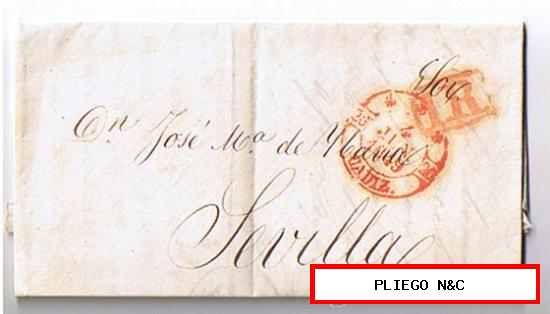 Carta de Cádiz a Sevilla. De 4 Jun. 1849. Con fechador Baeza 29 R. y perjudicado con marca de porteo 1R rojo. Bonito