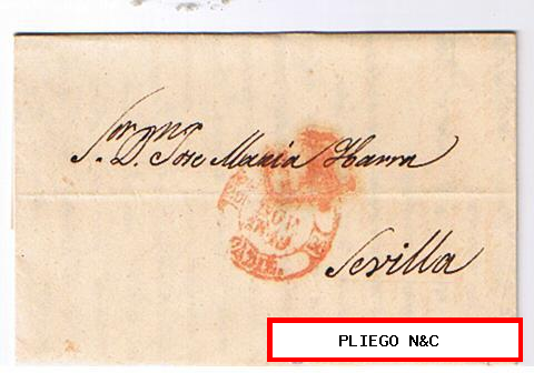 Carta de Cádiz a Sevilla. De 30 Nov. 1849. Con fechador Baeza 29 R. y perjudicado con marca de porteo 1R rojo