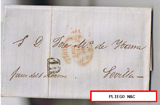 Carta de Cádiz a Sevilla. De 27 Jul. 1853. Con fechador Baeza 29 R. y marca de porteo 1R negro