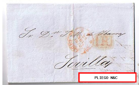 Carta de Cádiz a Sevilla. De 20 Nov. 1849. Con fechador Baeza 29 R. y marca de porteo 1R rojo