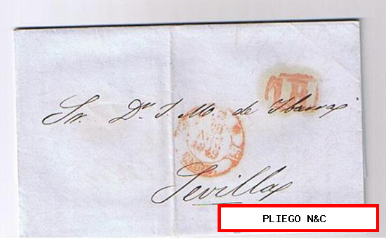 Carta de Cádiz a Sevilla. De 20 Ago. 1849. Con fechador Baeza 29 R. y marca de porteo 1R rojo