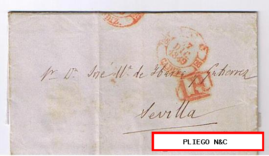 Carta de Cádiz a Sevilla. De 7 Dic. 1849. Con fechador Baeza 29 R. y marca de porteo 1R rojo