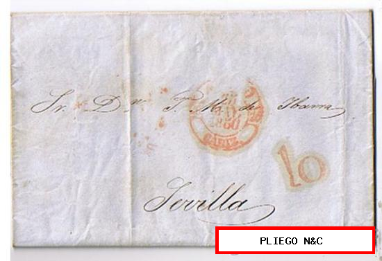 Carta de Cádiz a Sevilla. De 25 May. 1850. Con fechador Baeza 29 R. y marca de porteo 10 rojo