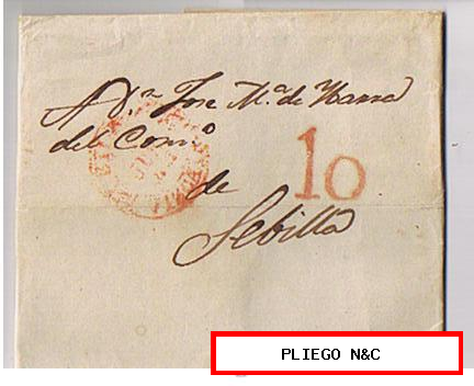 Carta de Mundaca a Sevilla. De 1 Jun. 1849. Con fechador Baeza de Bilbao 21 R. y marca de porteo 10 rojo
