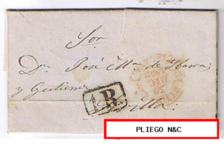 Carta de Santurce a Sevilla. De 30 Dic. 1852. Con fechador Baeza de Bilbao 21 Marca de porteo 1R negro
