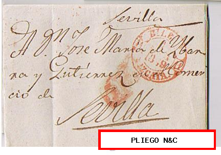 Carta de Bilbao a Sevilla. De 1 Mar, 1849. Con fechador Baeza 21 R. y marca de porteo 1R. rojo. Bonito