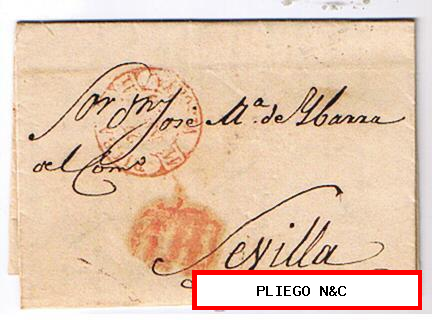 Carta de Bilbao a Sevilla. De 28 Abr, 1849. Con fechador Baeza 21 R. y marca de porteo 1R. rojo. Normal