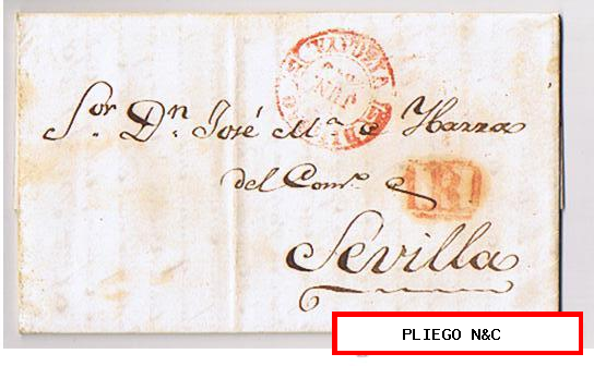 Carta de Bilbao a Sevilla. De 3 Jun, 1849. Con fechador Baeza 21 R. y marca de porteo 1R. rojo. Normal