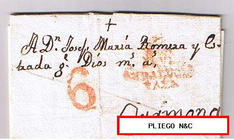 Carta de Sevilla a Carmona. De 20 Ago 1824?. Con marca 18 R. y marca de porteo 6 rojo